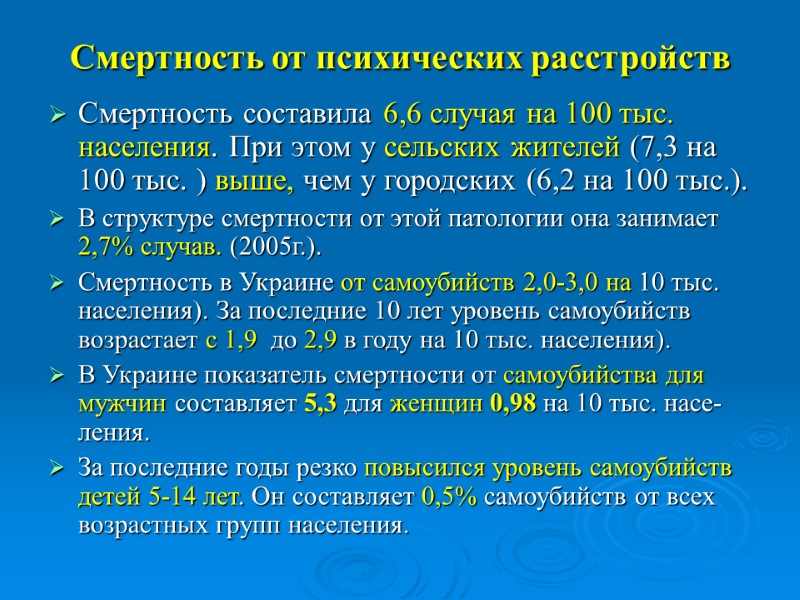 Смертность от психических расстройств  Смертность составила 6,6 случая на 100 тыс. населения. При